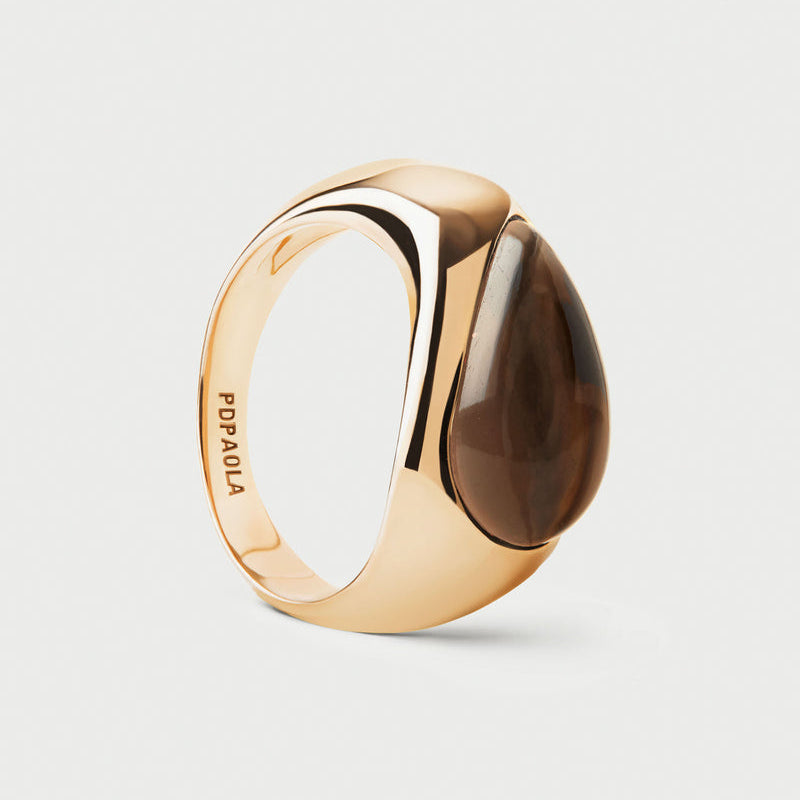 Anello sigillo Luna in quarzo fumé
