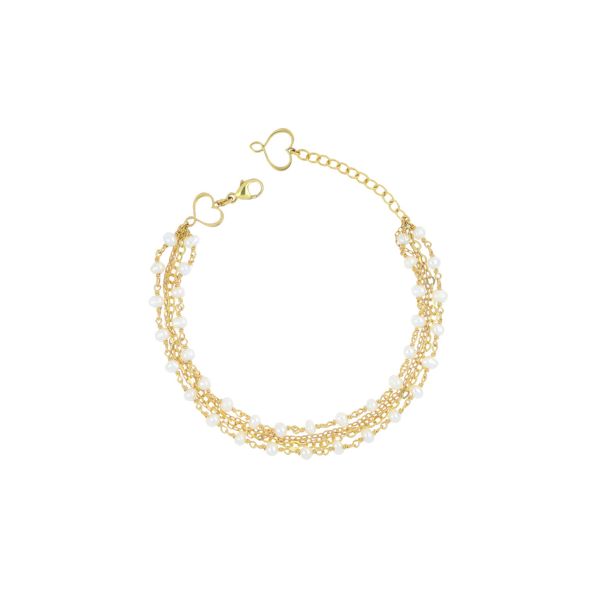 Bracciale 2 fili Trame in argento 925 galvanica oro giallo con rosario di perle bianche e catene