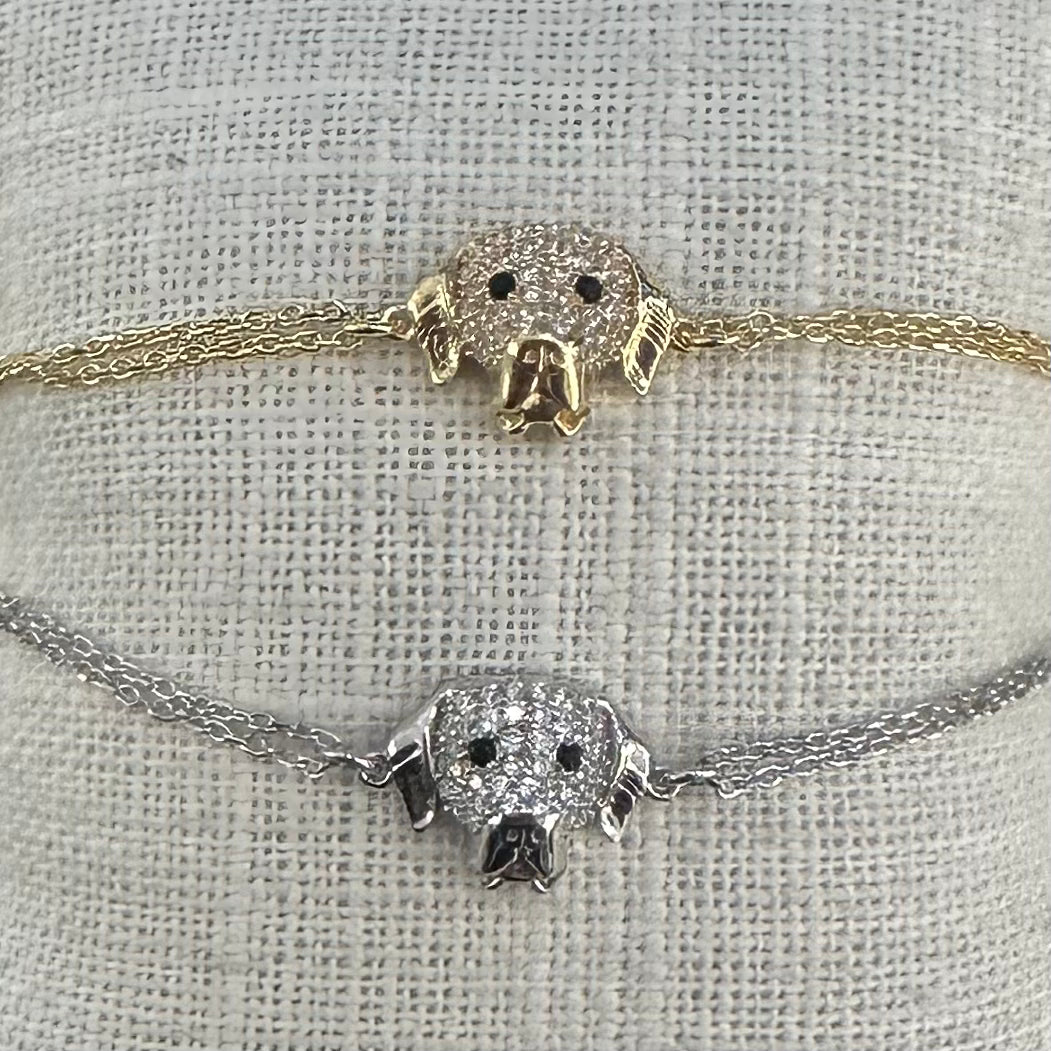 bracciale cane con zirconi bianchi finitura oro giallo e catena