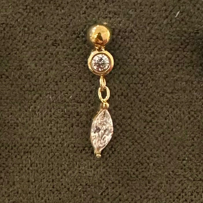 orecchini piercing zag con zirconi bianco tondo e zircone a goccia pendente
