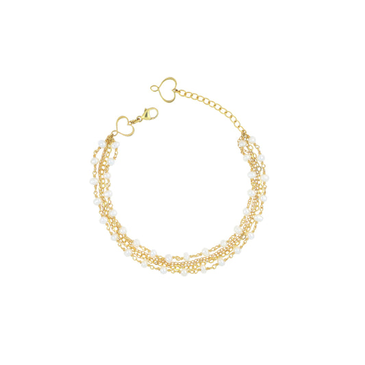 Bracciale 2 fili Trame in argento 925 galvanica oro giallo con rosario di perle bianche e catene