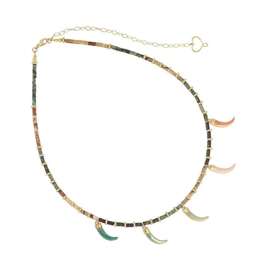 Girocollo Talismani in argento 925 galvanica oro giallo con pietre tubino e 5 zanne smaltate pendenti