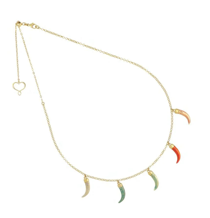 Girocollo Talismani in argento 925 galvanica oro giallo con 5 zanne smaltate pendenti