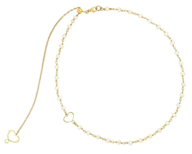 Girocollo Trame in argento 925 galvanica oro giallo con rosario di perle bianche e cuore M&S passante