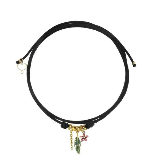 Girocollo cordino Segni di Te in argento 925 galvanica oro giallo con charms catena, piuma e fiore smalto