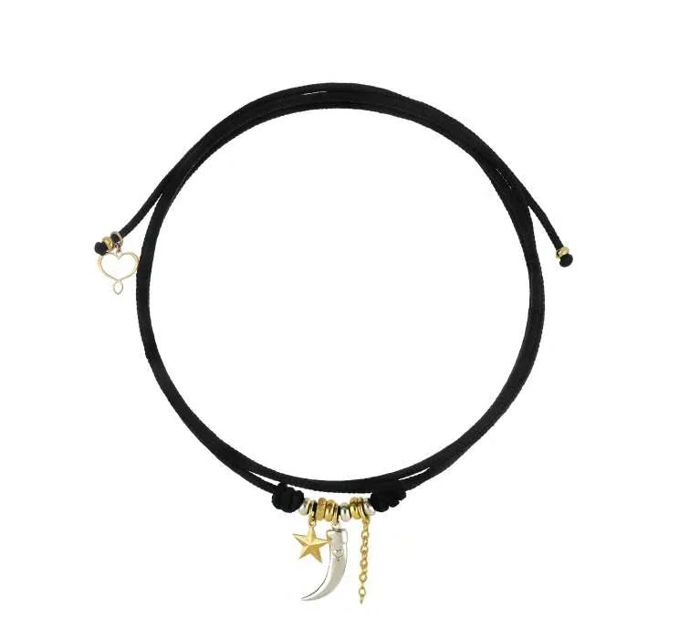 Girocollo cordino Segni di Te in argento 925 galvanica oro giallo con charms catena, stella e corno medio