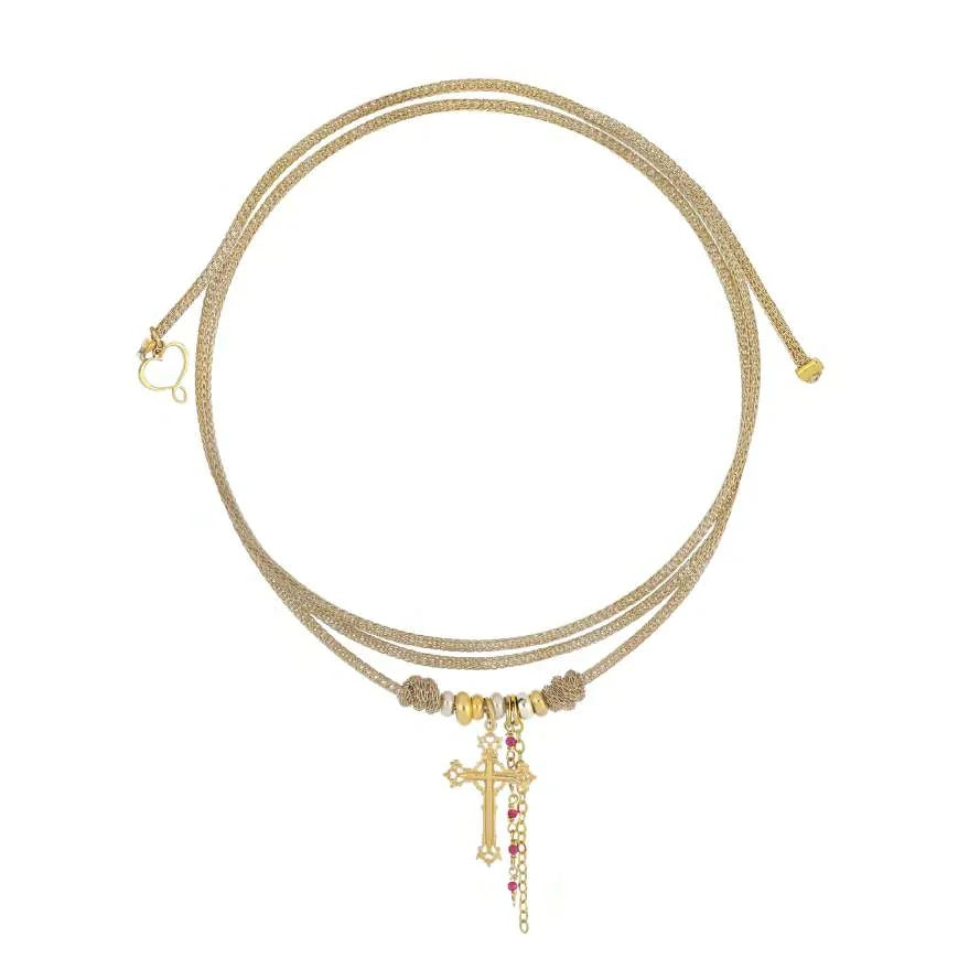 Girocollo cordino oro Segni di Te in argento 925 galvanica oro giallo con charms catena, rosario rubino e croce