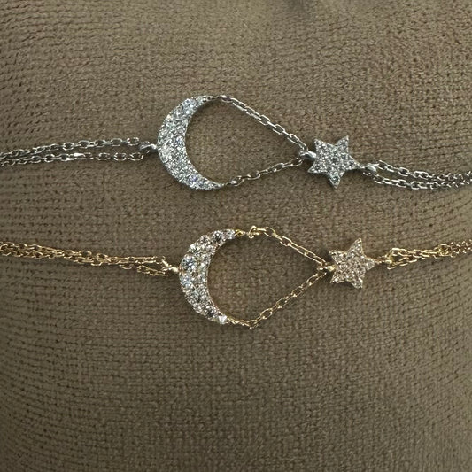 bracciale argento con luna e stella di zirconi bianchi e catenina