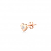 coppia di orecchini a lobo rose gold con cuore e uno zircone bianco