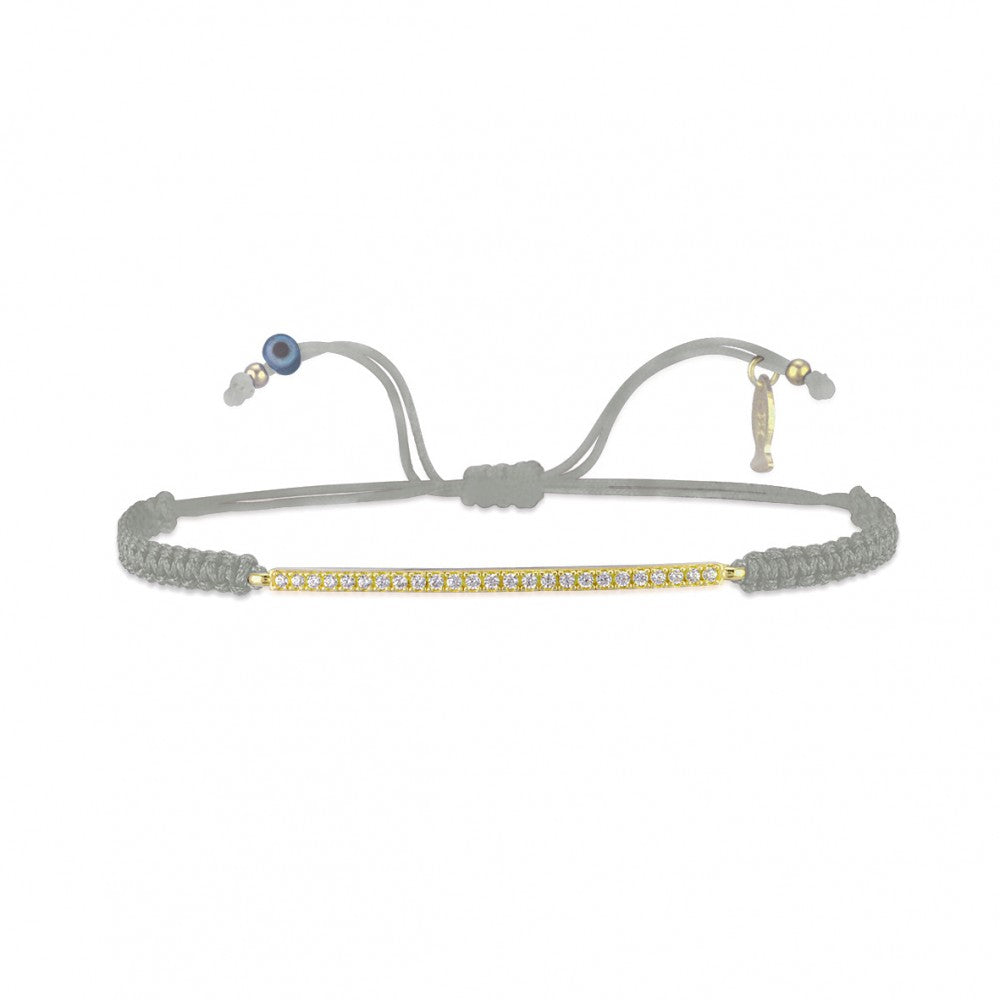 bracciale yellow gold con barretta di zirconi bianchi e laccio taupe